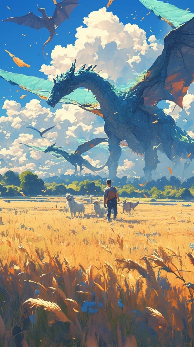 a man standing in a field next to a dragon and other animals under cloudy skies