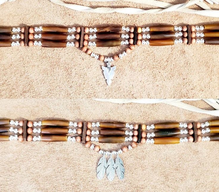 Native American Indian Style Choker made from your choice of Buffalo Bone or Buffalo Horn Hairpipe beads (Red, Black, GoldenAmber, Bone, Turquoise),  silver plated and matching wood accent beads. You can order it without the pendant or with the 3 feathers or arrowhead pendant.  All items are handmade by me in the United States. Includes tie in back. Choose Primary Hairpipe and Accent Bead Color (see picture). 1.  GoldenAmber Horn 2.  Bone 3.  Black Horn 4.  Turquoise 5.  Antique Bone 6.  Red Horn See my other chokers: https://www.etsy.com/shop/BlueEyesDesignsHB?ref=shop-header-name&listing_id=1192265069&section_id=31731787 Or you can custom order a hairpipe choker in your choice of Genuine Horn or Bone hairpipe beads in the following colors: Black Horn Red Horn GoldenAmber Brown Horn Turqu Cherokee Tattoos, Native American Dress, Cowboy Hat Bands, Arrowhead Pendant, Leather Jewelry Diy, Choker Silver, Western Cowboy Hats, Native American Style, Necklace Patterns