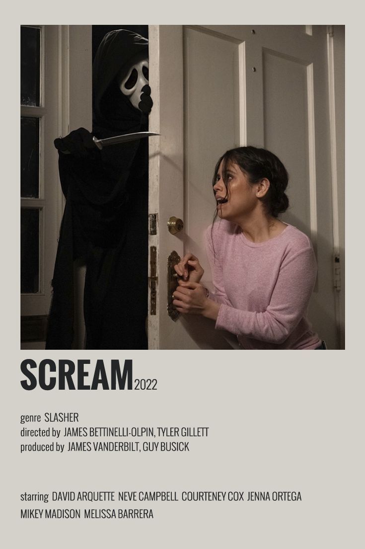 a movie poster for scream with a woman opening the door