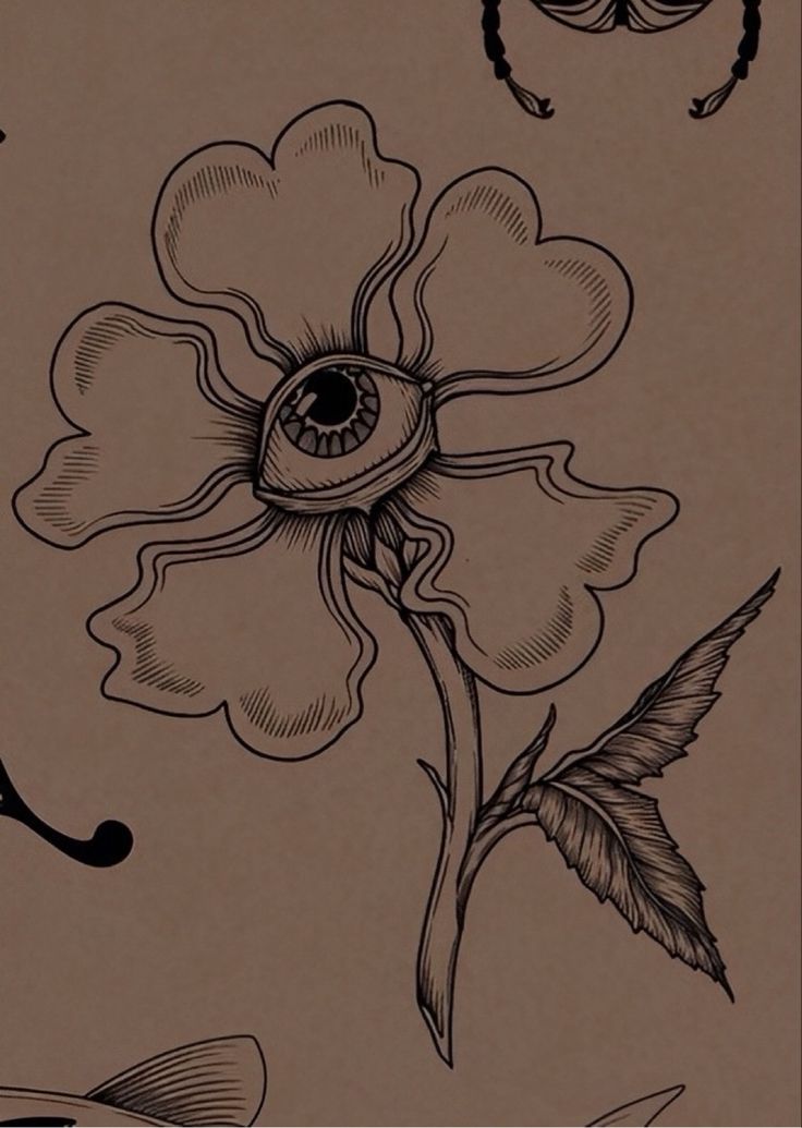 an eye is shown in the middle of a flower with leaves and butterflies around it