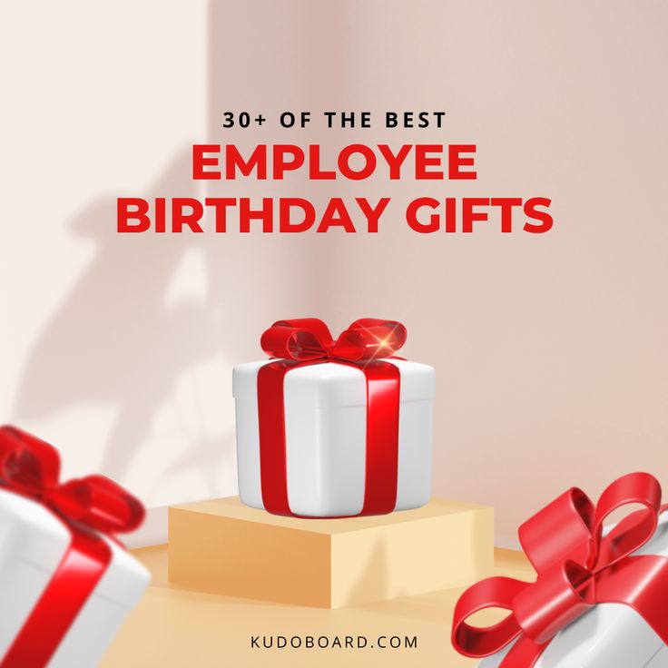 two white boxes with red bows and the words employee birthday gifts