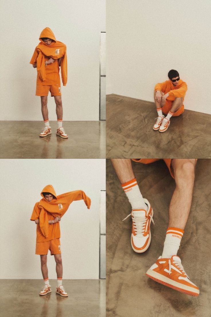 neon orange hoodie t-shirt shorts socks footwear womens tops womens style summer style represent clo Clothing Photo Shoot Ideas, Clothes Photoshoot Ideas, Utility Outfit, Hoodie Shorts, Photography Shirts, Clothing Studio, Conceptual Fashion, Summer Capsule, Studio Photoshoot