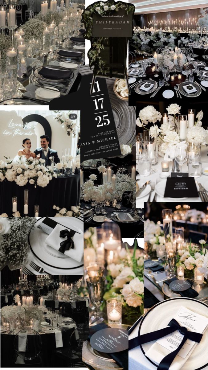 a collage of black and white tables with candles, flowers, and napkins