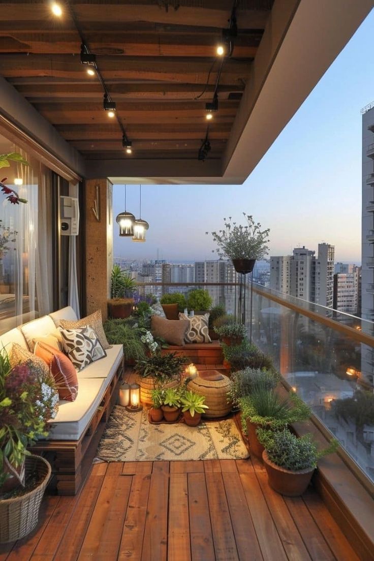 a balcony with lots of plants and lights