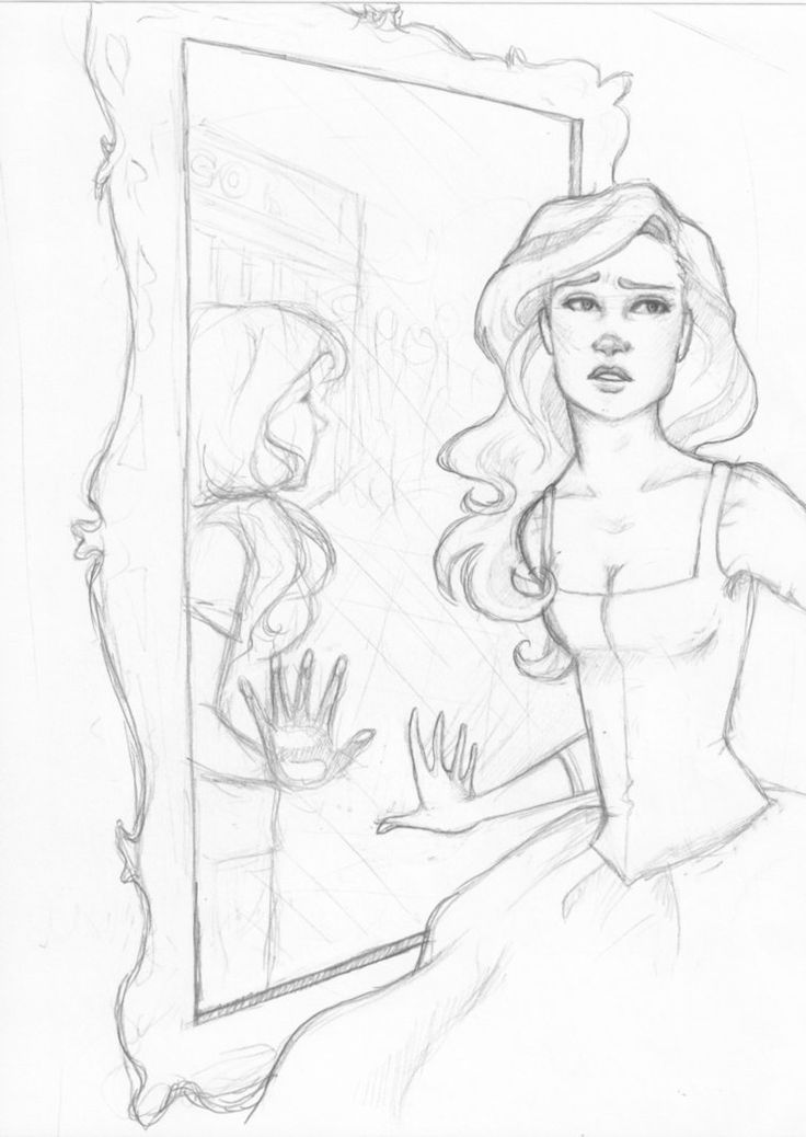 a drawing of a woman sitting in front of a mirror with her hand on the wall