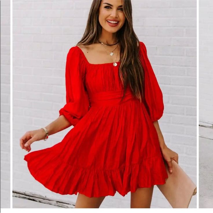 Red , Brand New Purchased From Vici Boutique . Never Worn Red Flowy Dress, Vici Dress, Cute Red Dresses, Recruitment Outfits, Boho Style Dresses, Puff Sleeve Dresses, Grad Dresses, Puffed Sleeves Dress, Flowy Skirt