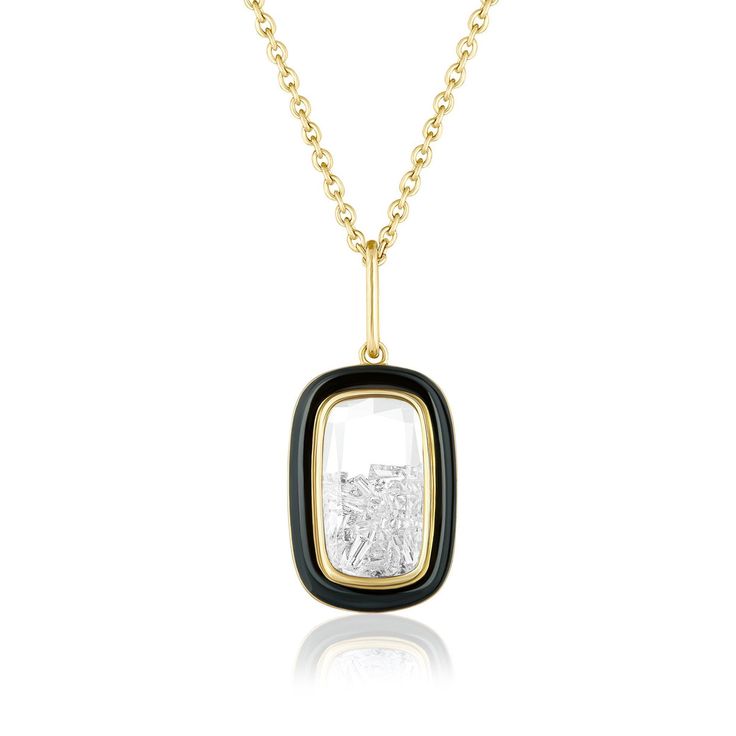 The Janela Enamel shaker pendant in 18 karat gold with hand painted enamel surrounding the white sapphire Kaleidoscope Shaker™ filled with diamonds. New York City Style, City Style, Baguette Diamond, October Birth Stone, White Sapphire, Black Enamel, Chain Pendants, Ring Necklace, Chain Length