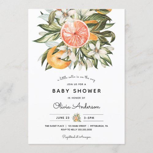 a baby shower is shown with oranges and leaves on the bottom half of it