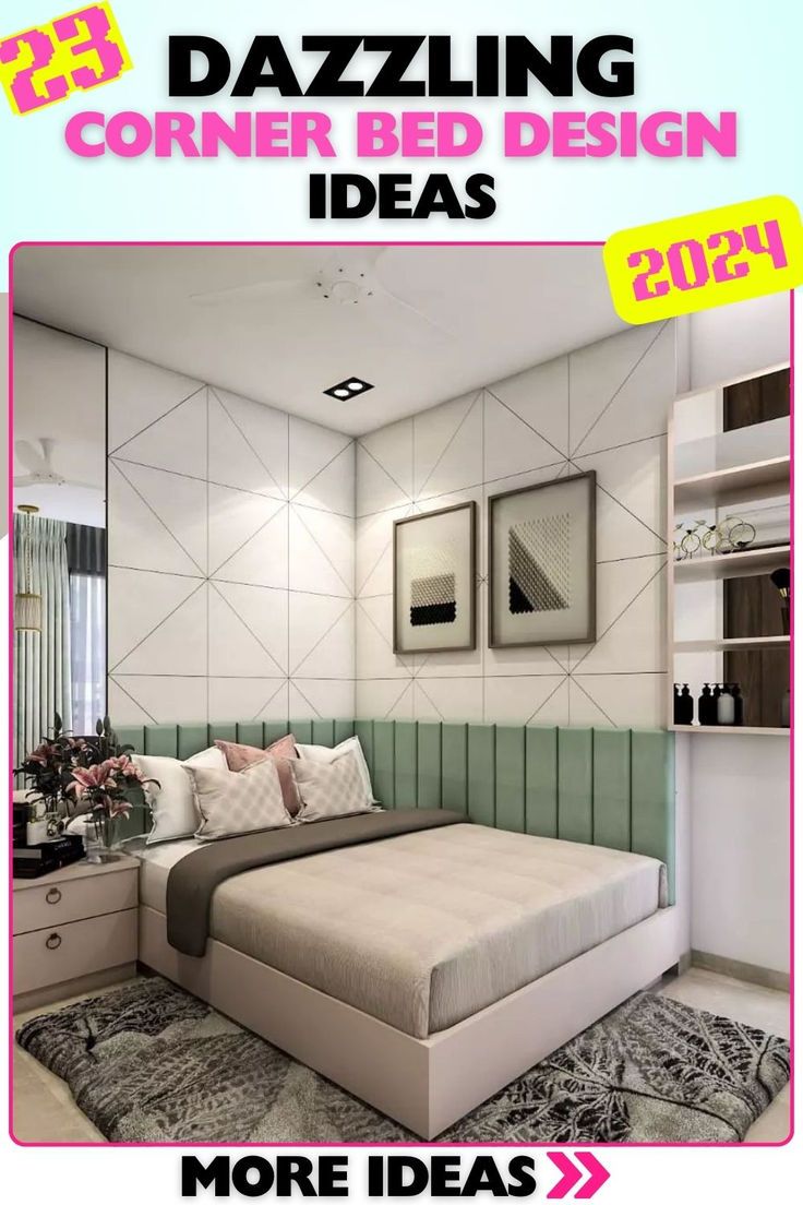 an advertisement for a bed room is shown in pink and white colors with the words dazzling corner bed design ideas