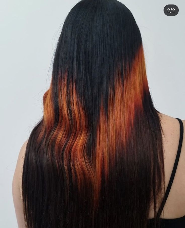 Black To Copper Ombre, Colored Ends Hair, Brown Hair Orange Tips, Shine Line Hair, Mavis Hair, Orange And Brown Hair, Unusual Hairstyles, Black To Blonde Hair, Hair Dye Tips