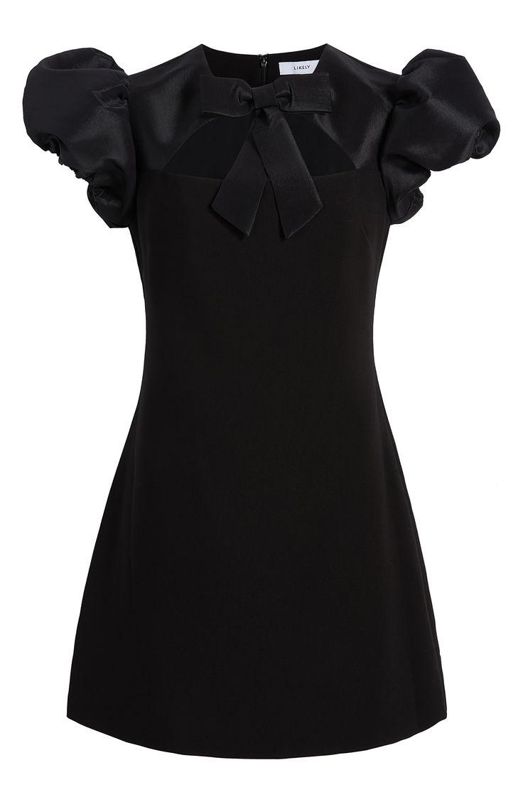 A contrasting satin yoke and sleeves top this flirty minidress with a dainty bow above a skin-baring cutout. Jewel neck Short sleeves 67% polyester, 27% rayon, 6% spandex Dry clean Imported Black Top Outfits, Chic Short Dress, Dress With Jewels, Dress To Buy, Bow Sleeves, Mini Dress Short Sleeve, Short Black Dress, Short Sleeved Dress, Top With Bow