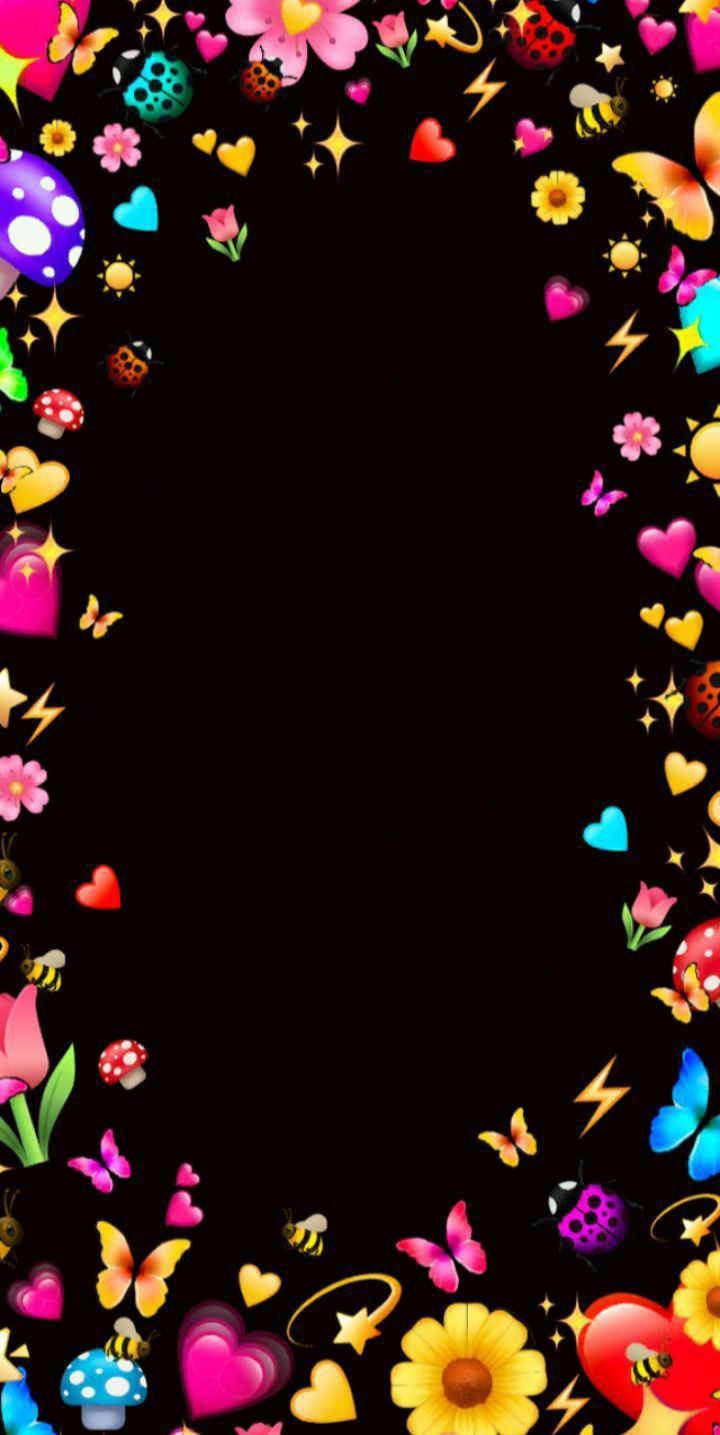 a black background with lots of colorful hearts and flowers in the center, surrounded by butterflies