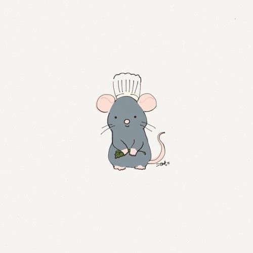 a mouse with a chef's hat on its head sitting in front of a white wall