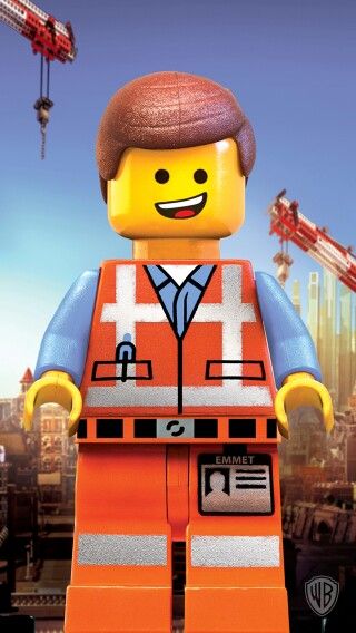 the lego movie character is wearing an orange vest and blue shirt with construction cranes in the background