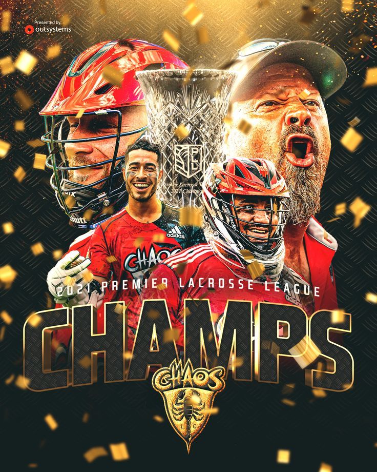 two men in red and black uniforms with gold confetti around them, the words champs