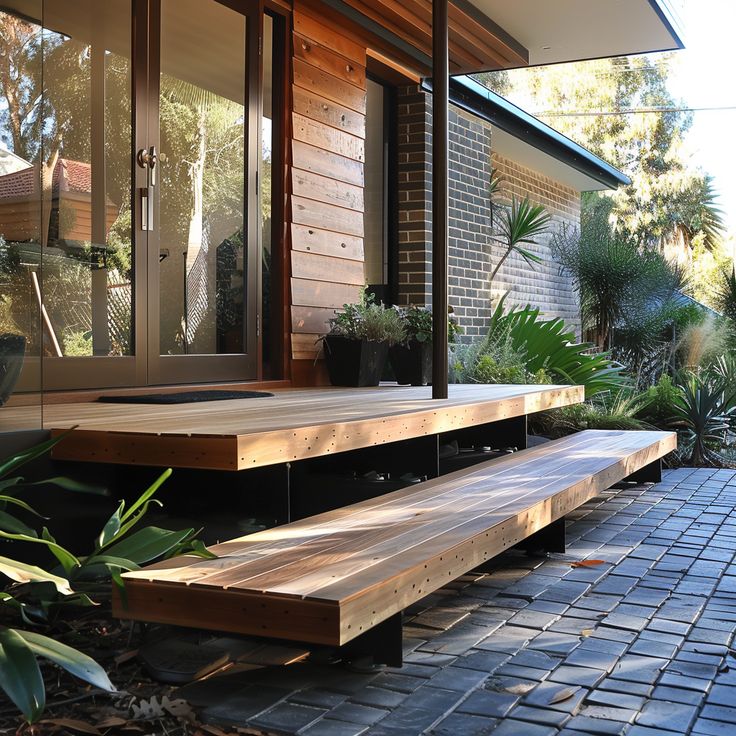 a wooden bench sitting on top of a brick walkway next to a building and trees