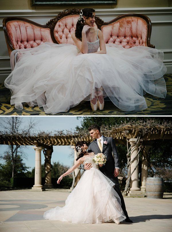 the bride and groom are posing for pictures in front of an old couch with tulle skirt