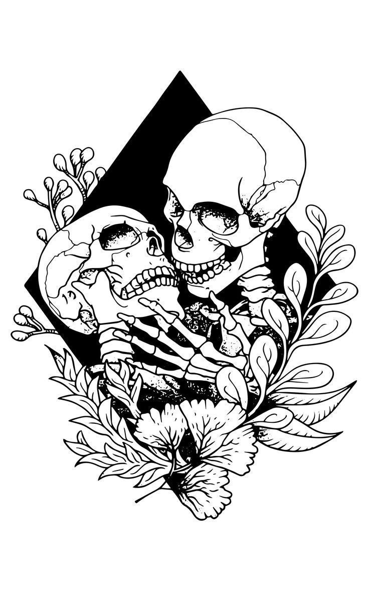 two skulls with flowers and leaves in their hands, one is holding the other's head