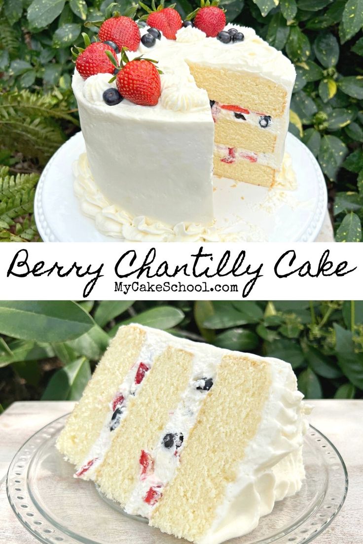 two pictures of a cake with berries on top, and the same one has white frosting