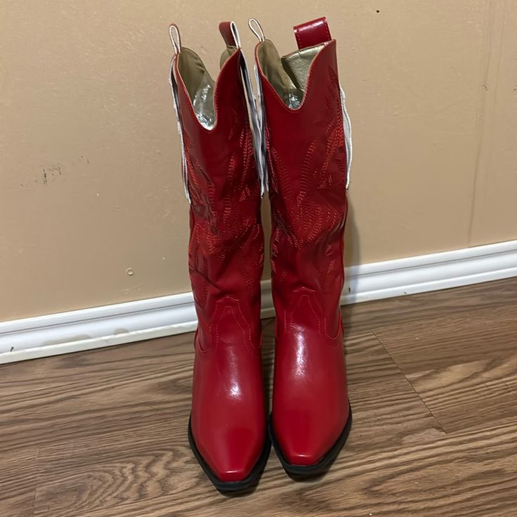 Western Boots, Size 7, Color Red Western Style Red Leather Mid-calf Boots, Fall Red High Heel Mid-calf Boots, Western Style Red Mid-calf Boots For Fall, Red High Heel Mid-calf Boots For Fall, Red Mid-calf Boots With Round Toe For Winter, Red Western Heeled Boots With Snip Toe, Red Round Toe Mid-calf Boots For Fall, Red Leather Snip Toe Mid-calf Boots, Red Western Mid-calf Boots For Winter