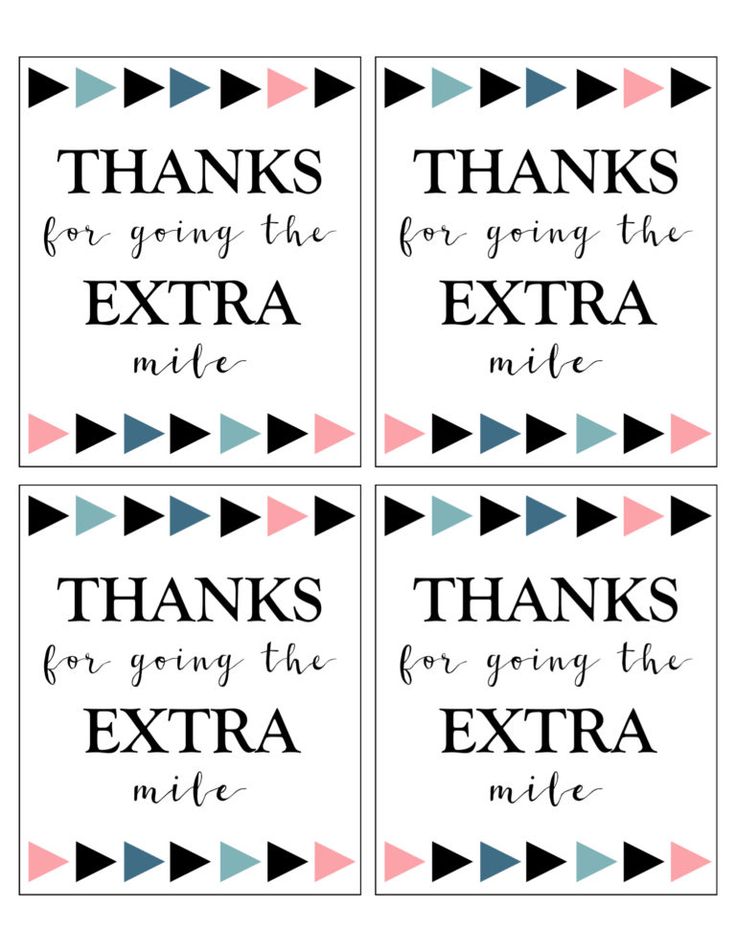 four printable thank cards with the words, thanks for going to the extra mile