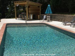 an empty swimming pool with chairs around it