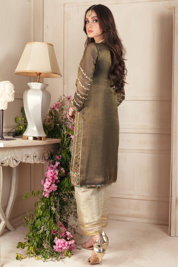 Leah | Pakistani Designer Outfit | Sarosh Salman Eid Slub Silk Palazzo Set With Resham Embroidery, Slub Silk Anarkali Set With Mirror Work, Chanderi Sharara With Resham Embroidery, Eid Chanderi Palazzo Set With Gota Work, Festive Slub Silk Sharara With Dabka Work, Semi-stitched Silk Kurta With Gota Work, Anarkali Slub Silk Palazzo Set With Mirror Work, Eid Slub Silk Palazzo Set With Sheer Dupatta, Festival Slub Silk Sharara With Dabka Work