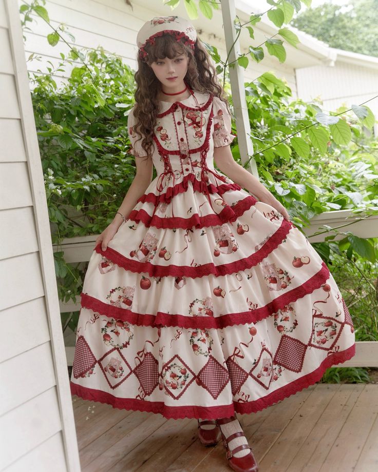 Apple Orchard Harvest – Sweet apple-themed pattern print Lolita tops and skirts sets. 🍎✨ Perfect for an autumn picnic with the top and skirt, or style the top with jeans for a cute look on a date, shopping, or even at work! 🍎 Short sleeves top SKU code WITHP-498, price $29.19 🍎 Sleeveless top SKU code WITHP-501, price $28.00 Search the SKU codes on devilinspired.com to shop! #lolitafashion #kawaiifashion #sweetlolita #lolitaoutfits Apple Themed Outfit, Apple White Outfit, Skirts Sets, Autumn Picnic, Top With Jeans, Tops And Skirts, Lolita Outfits, Apple White, Apple Orchard