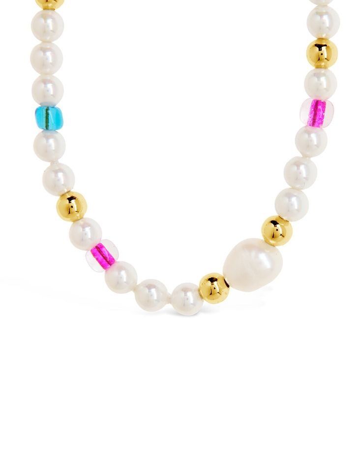 Indulge in the ultimate accessory with our Polly Pearl Beaded Choker Necklace. Inspired by the beach, this luxurious choker features stunning pearls and intricate colored beads, exuding elegance and sophistication in every wear. Elevate your style with this must-have piece, perfect for any occasion. Material: 14K gold or rhodium plated brass, colored glass beads, freshwater pearls Features: Measures 16" with 2" extender, 4mm metal & glass beads, 4mm shell pearls, 8mm freshwater pearl, Lead & Nic Colorful Pearl Beaded Choker Necklace, Pearl Chain Choker With Round Beads, Colorful Beads Pearl Choker Necklace, Pearl Choker With Colorful Round Beads, Colorful Beaded Pearl Choker Necklace, White Choker With Pearl Pendant And Round Beads, Multicolor Pearl Drop Beaded Necklace, Multicolor Beaded Necklace With Pearl Pendant, Elegant Multicolor Beaded Necklaces With Pearl Charm