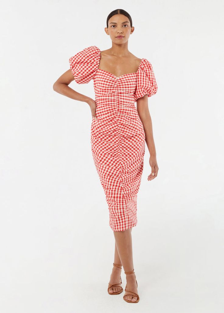 Organic Cotton Tessa Puff Sleeve Midi Dress | Scarlet Toulouse Gingham Honeymoon Dress, Puff Sleeve Midi Dress, Off Shoulder Maxi Dress, Cocktail Attire, Flowing Skirt, Dropwaist Dress, Swimwear Cover Ups, Sleeve Midi Dress, Swimwear Cover