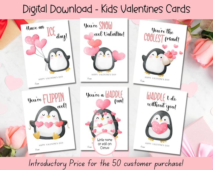 valentine's day cards with penguins and hearts