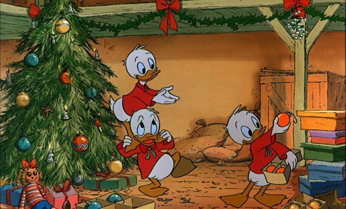 donald duck and friends around the christmas tree