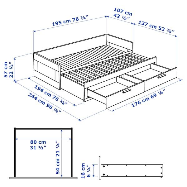 the measurements for a bed frame with drawers