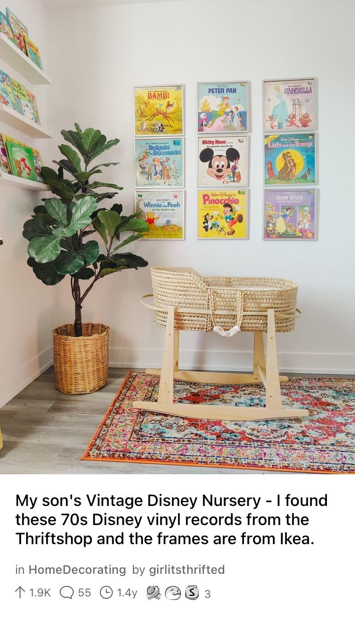 a room with posters on the wall and a potted plant