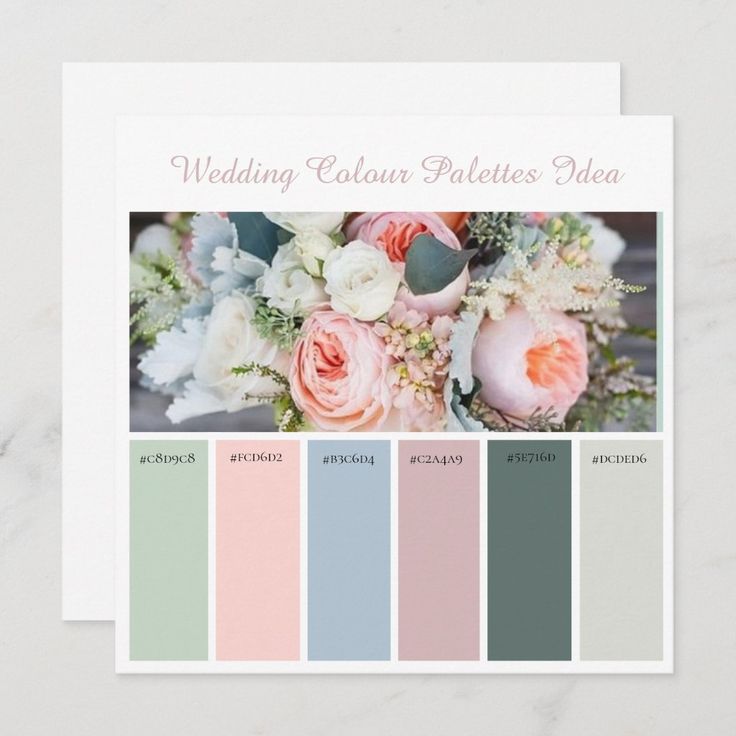 the wedding color palettes book is displayed on a white table with pink and green flowers