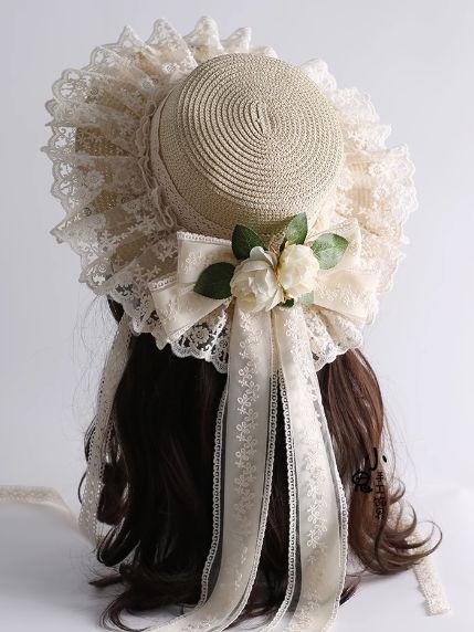 The hat is made of lace with camellia floral and bow. The hat can be used as a shade from the sun, the tie and floral on the hat are removable.   This price is for a straw hat only. SizeFree SizeHead Circumference56-58 1800s Hats, Egl Accessories, Cottagecore Items, Bow Sewing Pattern, Cute Hats For Women, Fascinator Hats Outfit, Sea Beast, Country Lolita, Cottagecore Country