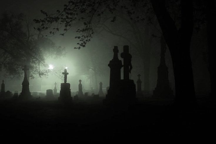 a cemetery in the fog at night