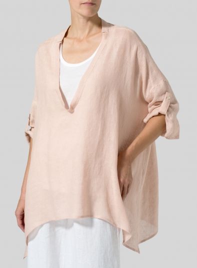 Linen Delicate Deep V-neck Overtop Chic V-neck Top For Beach Season, Breezy V-neck Tops For Beach, Summer V-neck Loungewear Blouse, Beachy V-neck Top For Day Out, Relaxed V-neck Blouse For Day Out, Relaxed Summer Vacation Top, Spring V-neck Top For Day Out With Relaxed Fit, Spring Relaxed Fit V-neck Top For Day Out, Spring V-neck Top For Day Out