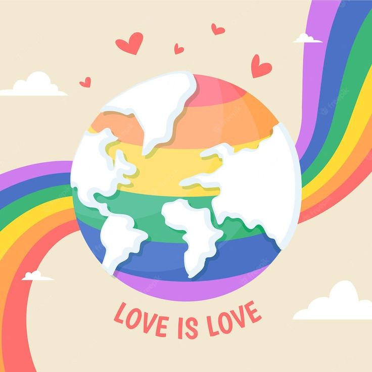 the earth is surrounded by rainbows, hearts and clouds with love is love written on it