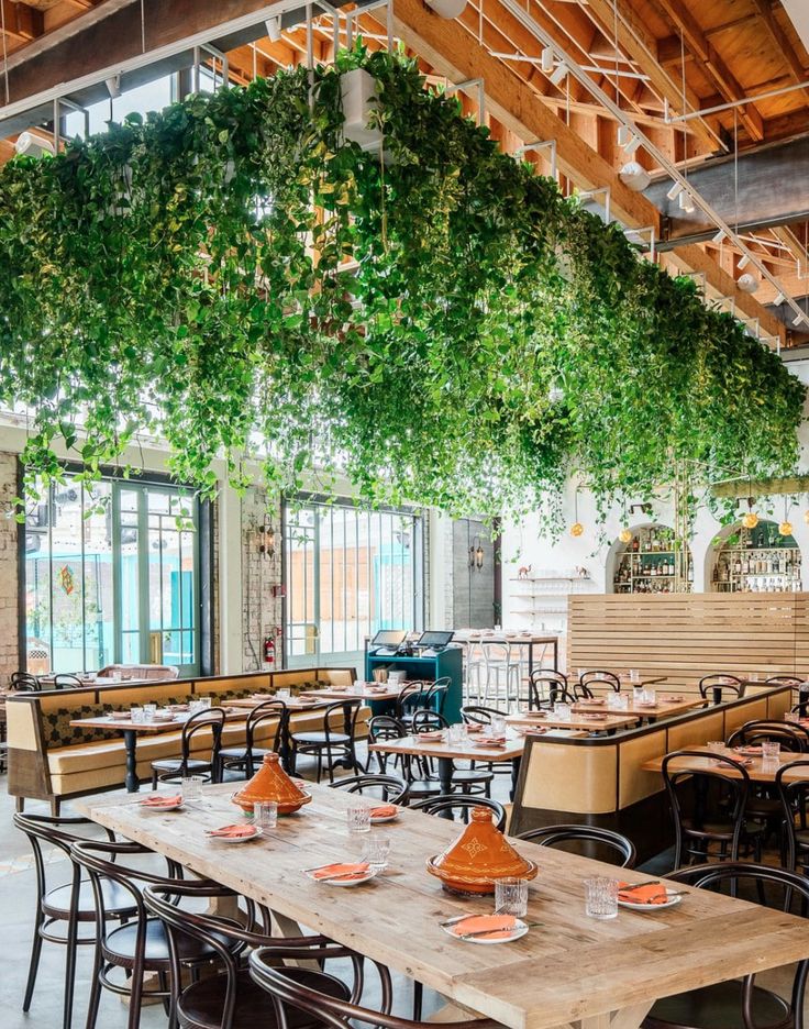 an empty restaurant with tables and chairs covered in green ivys hanging from the ceiling