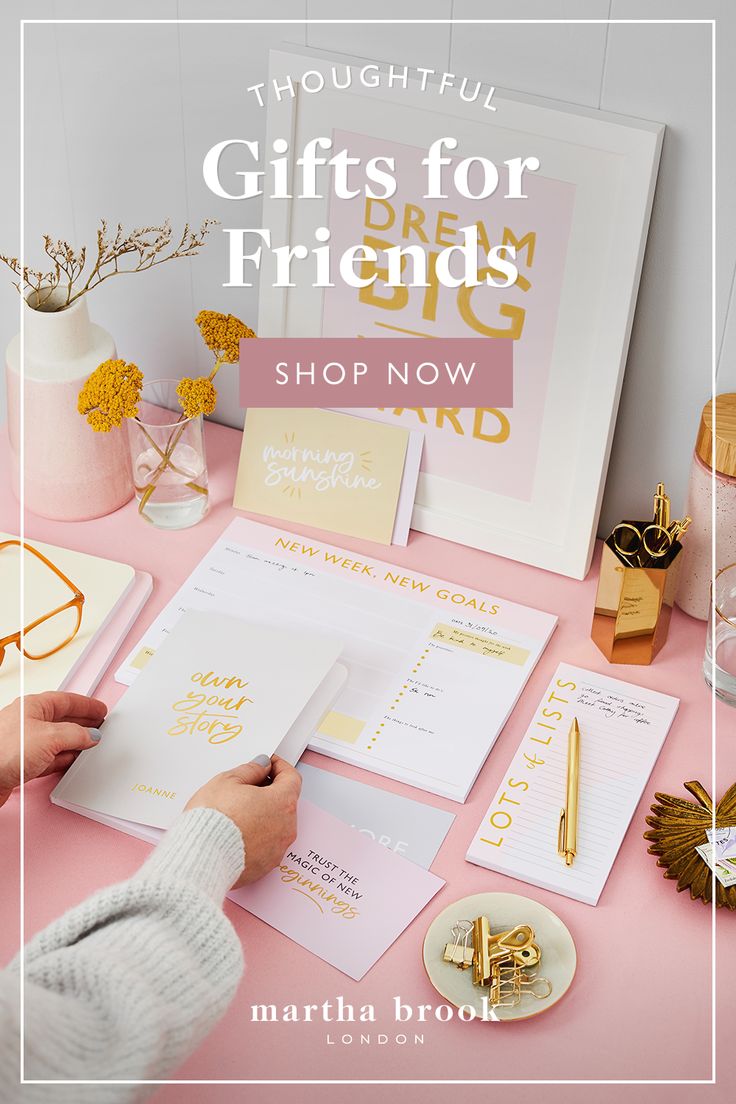 a person writing on a piece of paper with the words thoughtful gifts for friends shop now