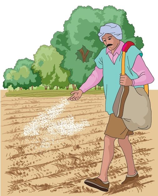 an old man walking in the middle of a plowed field with his hand out