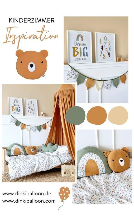 a child's room with teddy bears and decorations