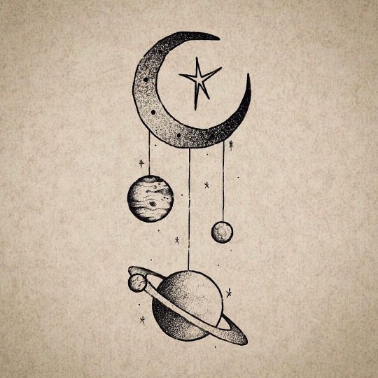 a drawing of the moon and planets hanging from it's strings with stars on them