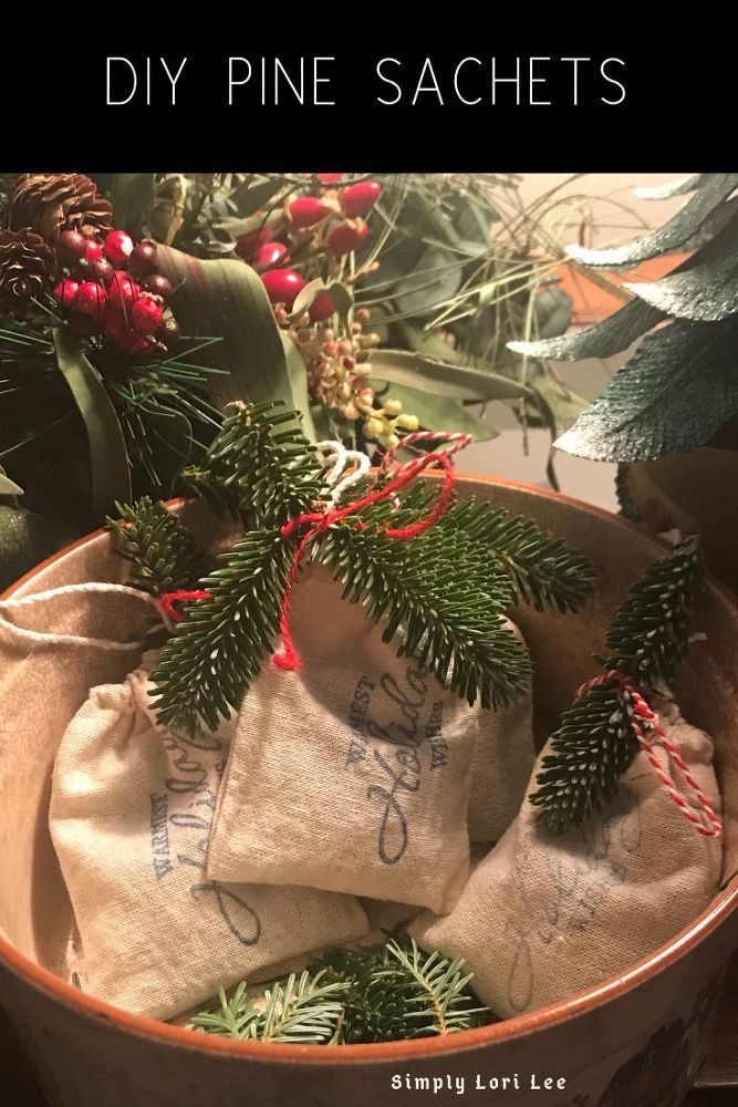 some pine sacs are in a bowl with christmas decorations around them and the words diy pine sacs