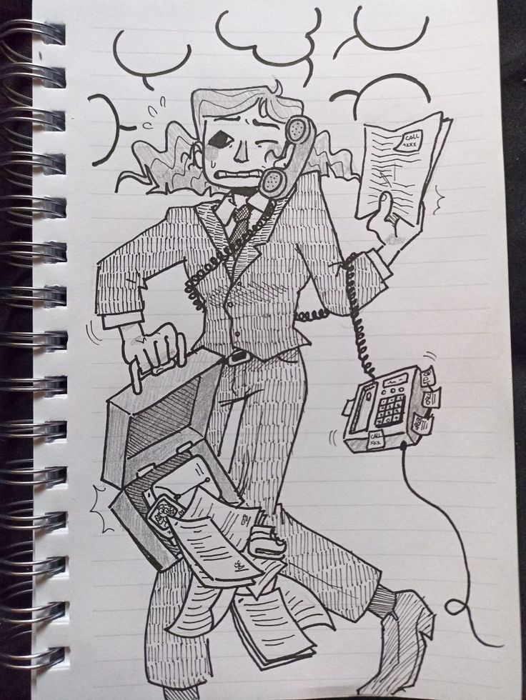 a drawing of a man with a phone and some papers in his hand on top of a notebook