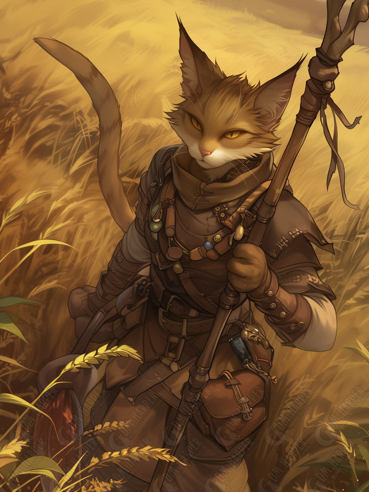 a cat with a bow and arrow in its hand is walking through tall grass while holding a stick