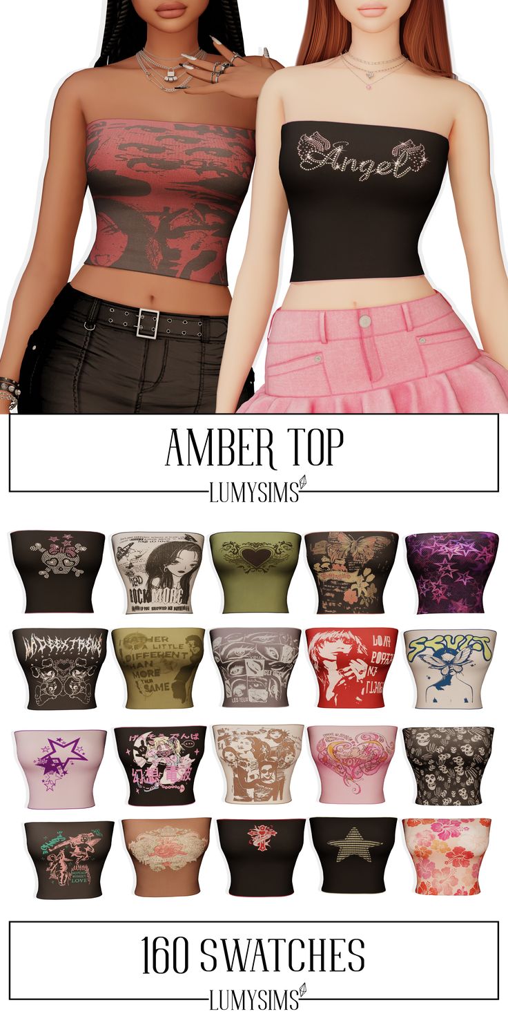 an image of two women wearing different styles of bra tops and skirts with the words, amber