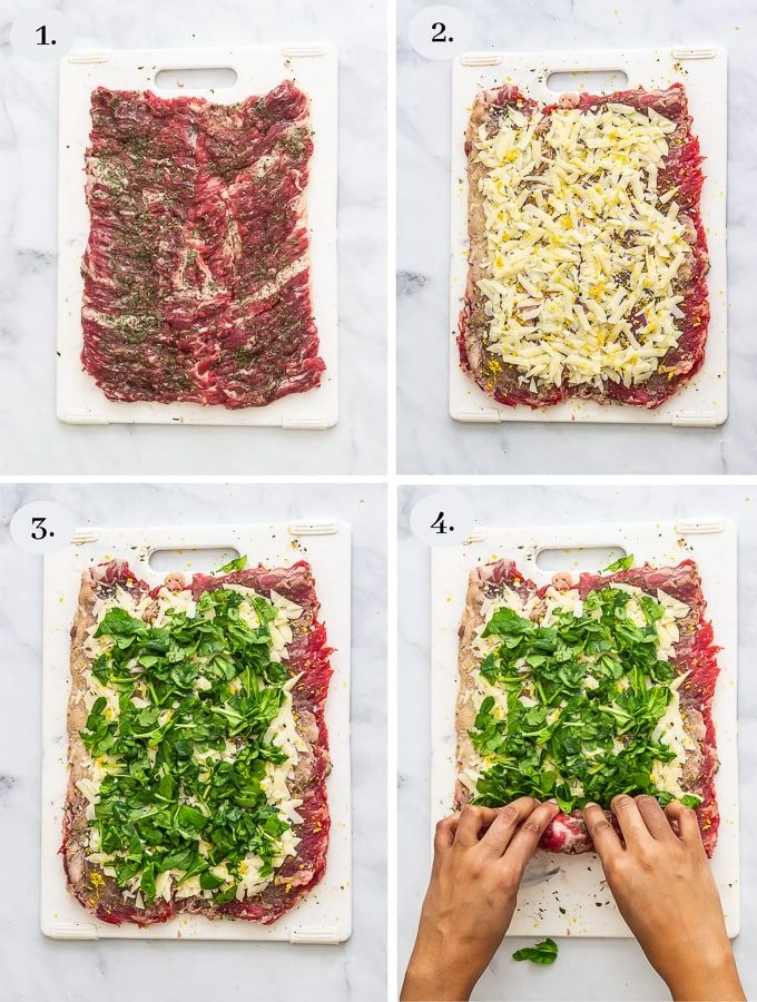 four pictures showing how to make an appetizer with meat, cheese and spinach