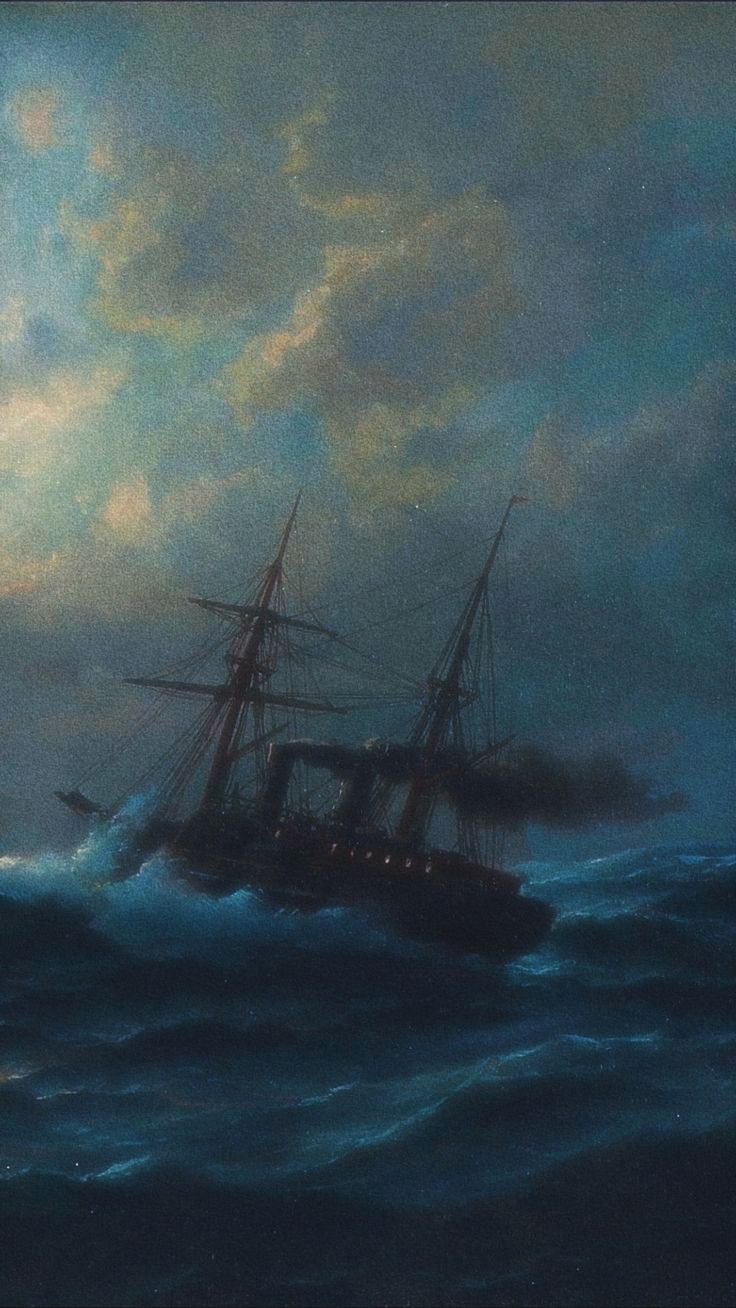 a painting of a ship in rough seas